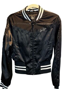 Sean John Black Satin Bomber Jacket with White Stripe Trim